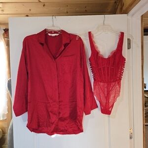 Victoria's Secret Red Sheer Lacey Bodysuit Teddy + Sleepshirt, SIZE XS